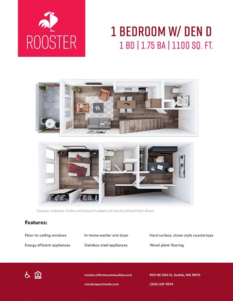 Floor plan for 1 bed, 1.8 baths, 1100 sqft